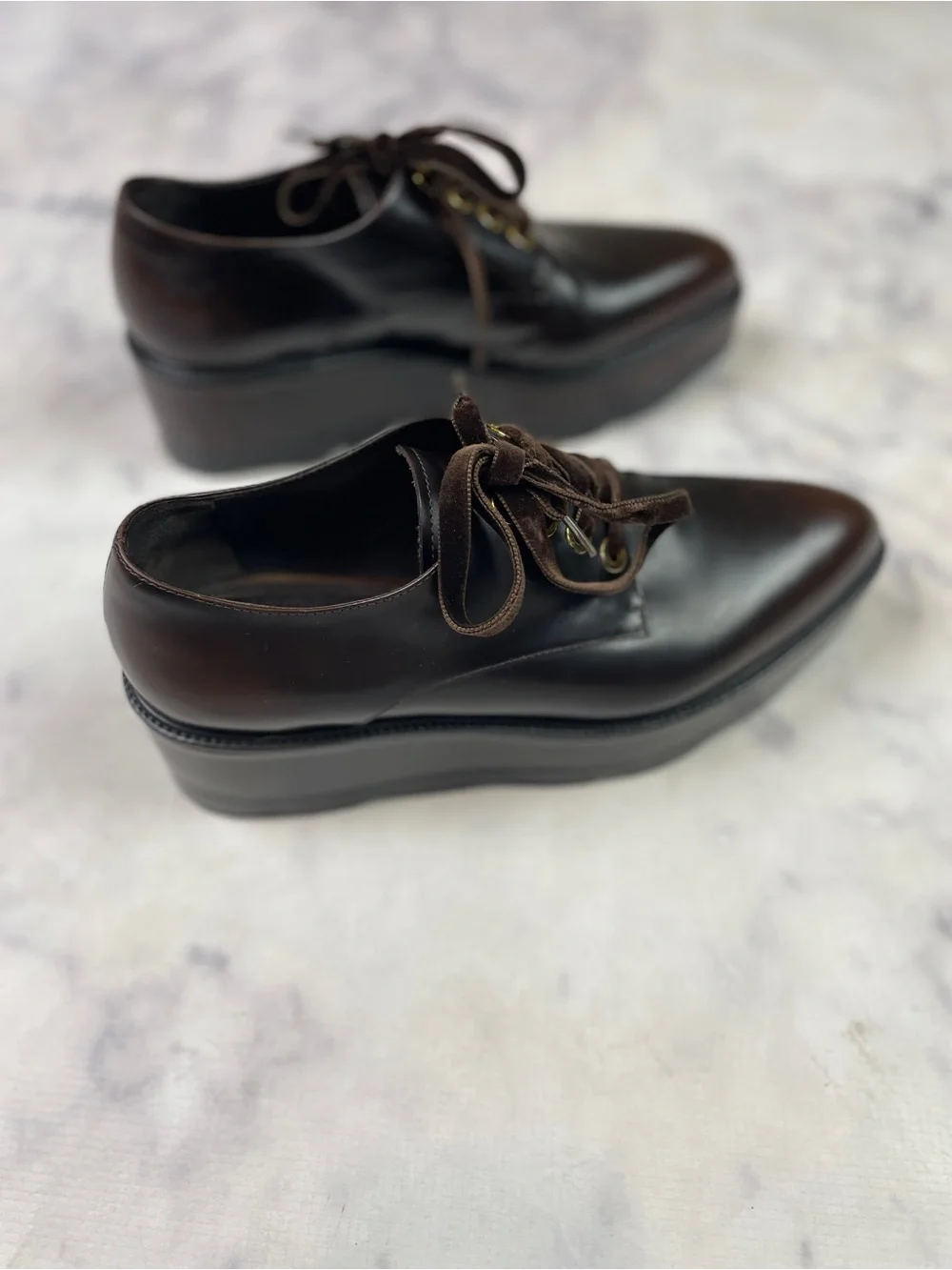 PRADA Vitello Old Platform Oxfords Brown Wavy Sole Flatform 1E851H Sz 39 / 9